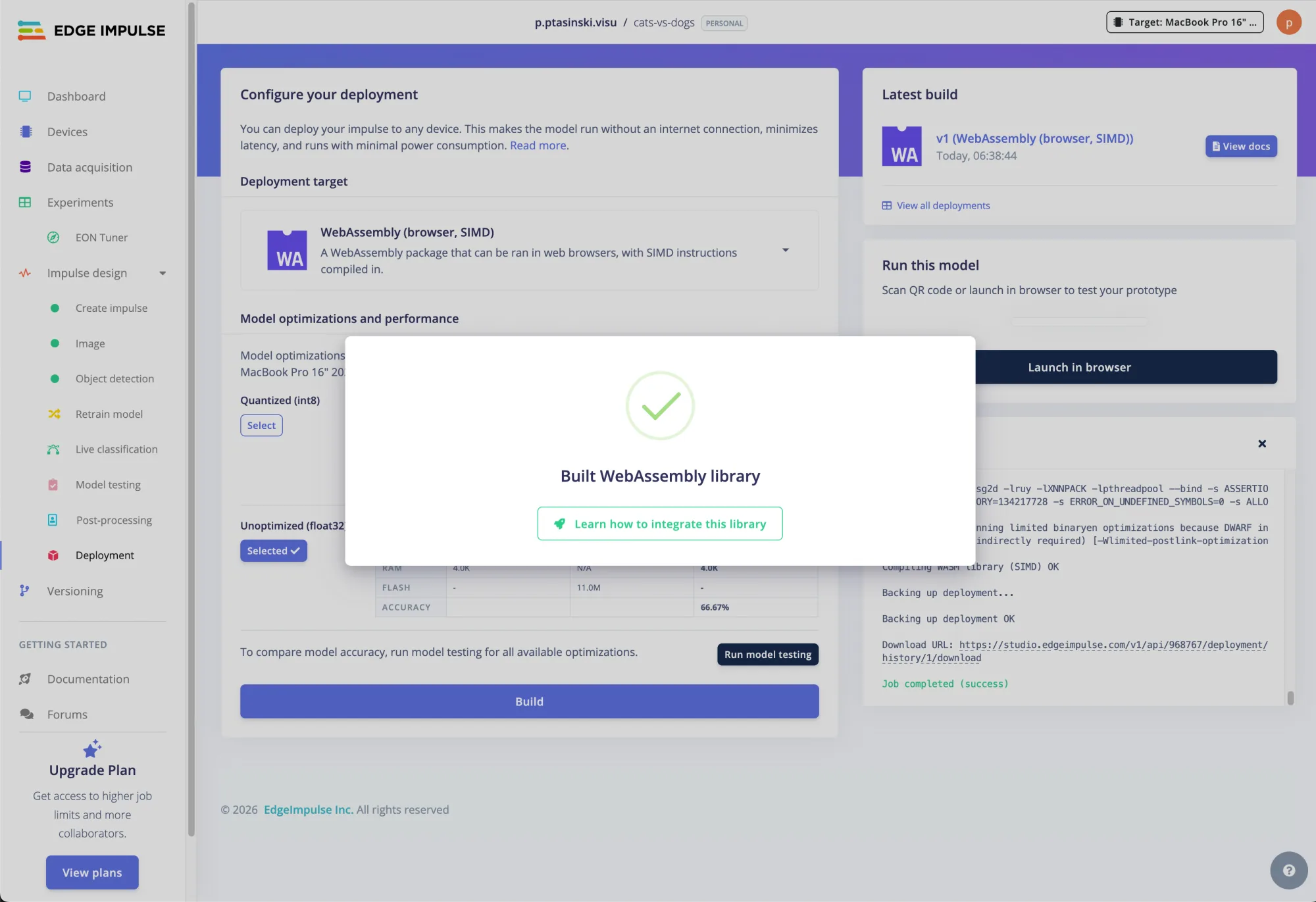Deployment page with WebAssembly build completed